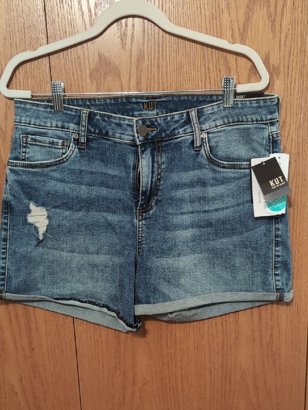 Kut from the Kloth Medium Wash Rolled Hem Distressed Jean Shorts